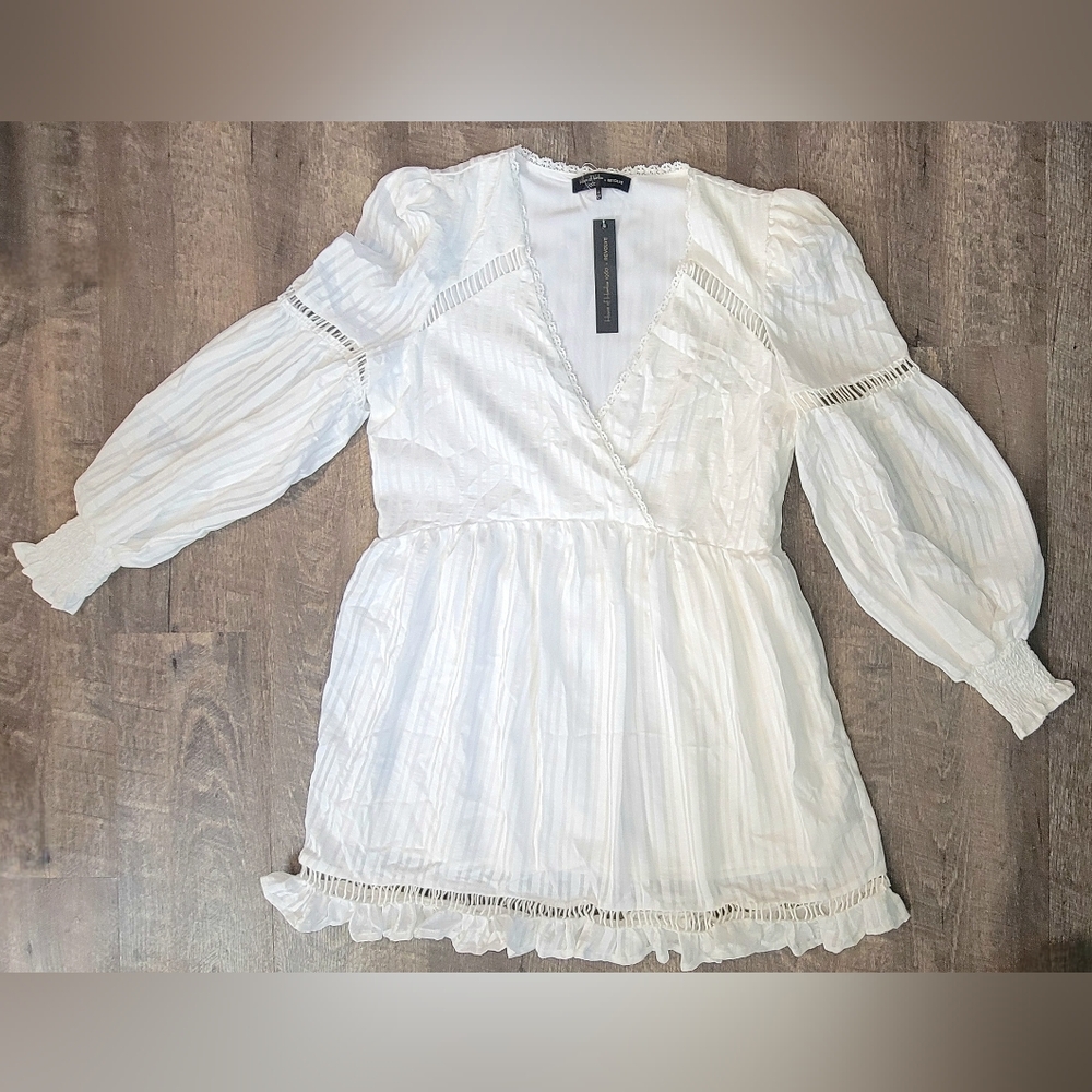 House of Harlow 1960 X Revolove Maxine Mini Dress Women's L Eggshell Puff Sleeve - Picture 3 of 15